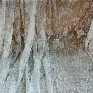 Light white bead lace fabric with flowers for dress, heavy bead tulle lace fabric