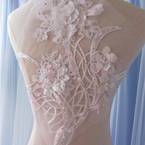 off white heavy bead lace applique, 3D lace applique with beads, 3d flower applique for haute couture, heavy embroidered lace applique
