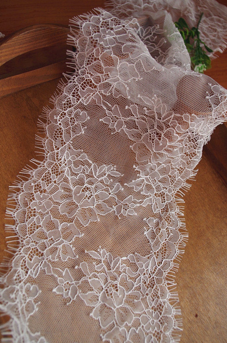 chantilly lace trim with double eyelash borders, ivory eyelash lace trim, French lace trim image 2