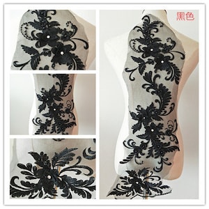 black 3d florals lace applique, heavy bead lace applique, 3D lace applique with rhinestones, bridal applique, 3d flower applique
