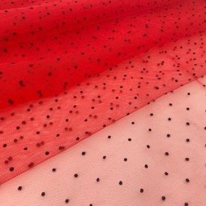 red tulle fabric with black tiny polka dots, tulle fabric with flocking mini velvet dots
