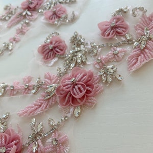 Pink rhinestone appliqué with 3d florals for couture, dance costume, bridal headpiece image 3