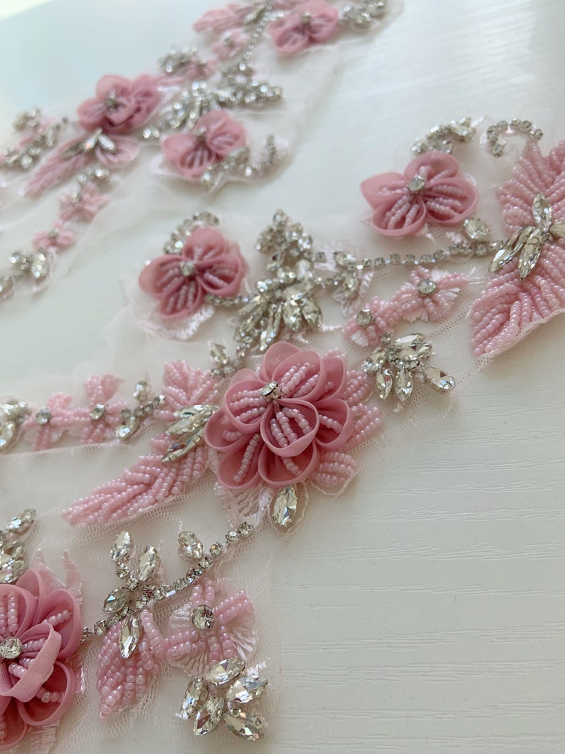 Pink rhinestone appliqué with 3d florals for couture, dance costume, bridal headpiece image 3