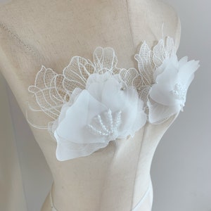Remendo de flores de renda branca 3D, flor de contas pesadas para vestido, alta costura, fantasia
