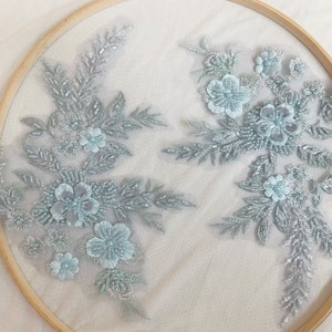 2 pcs Light blue bead applique with florals motif for dance costume, girl skirt