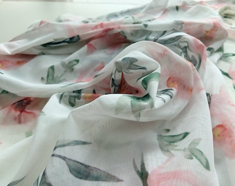 Power mesh fabric with pink flowers , printed stretchy mesh fabric with elegant florals for summer collection