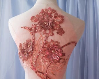 deep pink heavy bead lace applique, 3D lace applique with beads, 3d flower applique for haute couture, heavy embroidered lace applique