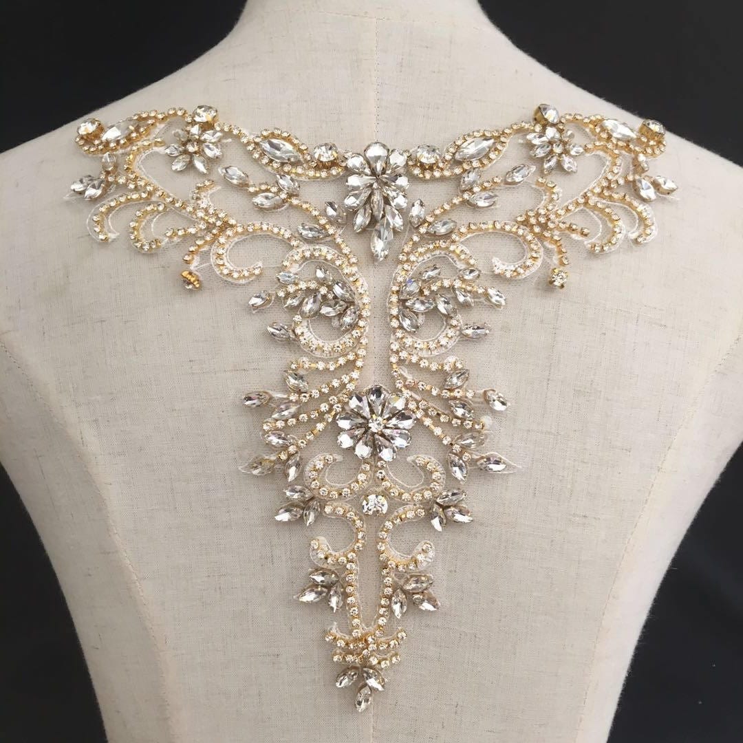 Gold Rhinestone Neckline Applique, Crystal V Neckline Applique, Gold  Crystal Collar Applique for Wedding Dress, Heavy Bead Rhinestone Bodice 