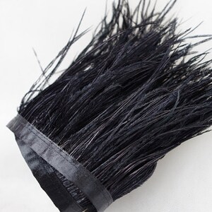 May include: Black ostrich feather trim with a black satin ribbon backing. The feather trim is approximately 10 inches long.