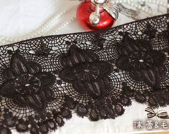 black Cotton Lace Trim, black guipure lace trim, crochet lace trim, natural cotton lace trim, retro Scallop trim lace