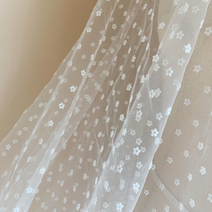 Off white tulle Lace fabric with tiny velvet flowers, flocking daisy tulle fabric