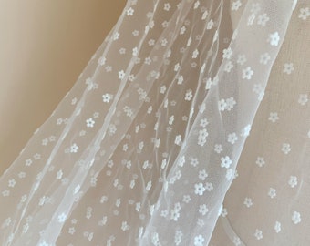 Off white tulle Lace fabric with tiny velvet flowers, flocking daisy tulle fabric