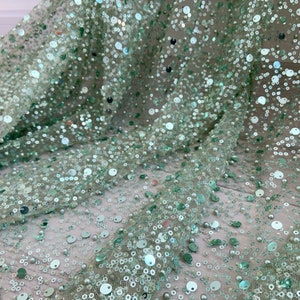 light green sequined lace fabric by the yard for bridal dress, dance costume, heavy bead tulle lace fabric