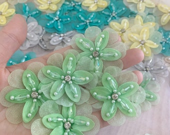 5pcs green flowers applique, hand crafted bead flowers