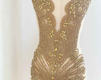 Große goldfarbene Strass Applikation für Korsett, Kostüm, großer Strass Aufnäher für Haute Couture