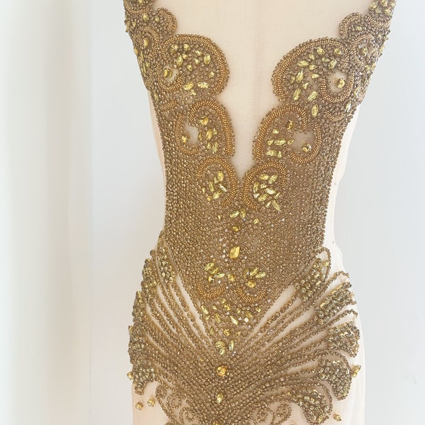 Large gold Rhinestone bodice applique for corset, costume, large crystal applique, vintage style crystal appliqué , haute couture supplie