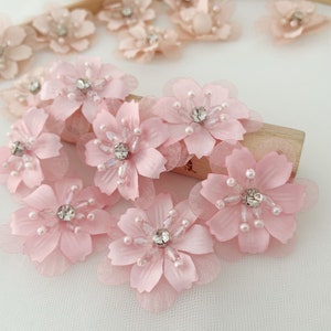 5pcs pink handcrafted flowers applique, handmade flowers with beads, organza flowers applique
