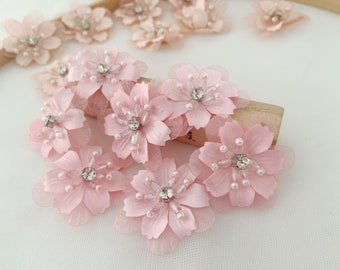 5pcs peach pink handcrafted flowers applique, handmade flowers with beads, organza flowers applique