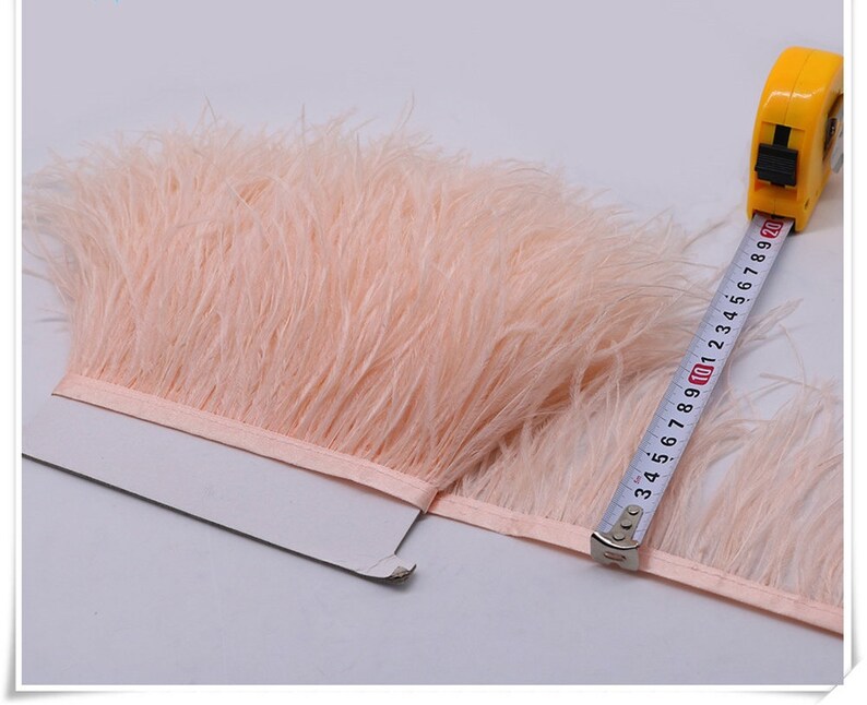 May include: A close-up of a pale pink feather trim with a measuring tape showing 10 inches. The feather trim is soft and fluffy.