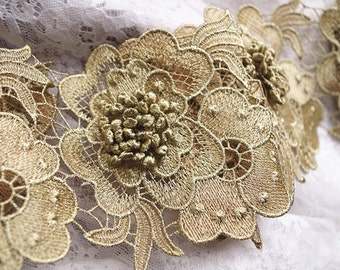 metallic gold lace trim with 3D flowers, gold guipure lace trim with retro flowers by the yard, 3d gold floral lace tirm