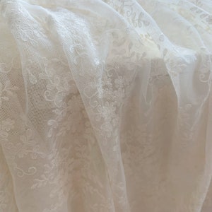 ivory lace fabric with florals embroidery, embroidered lace fabric with romantic flowers for christening dress