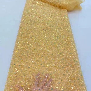 Yellow French sequined lace fabric by the yard for bridal dress, heavy bead tulle lace fabric