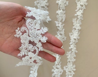 ivory bead lace trim for veil and wedding dress, ivory cord lace trim for straps