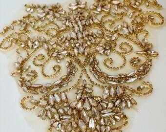 Sparkle deep Gold Rhinestone applique for sweet heart neckline, large rhinestone applique for couture dance costume