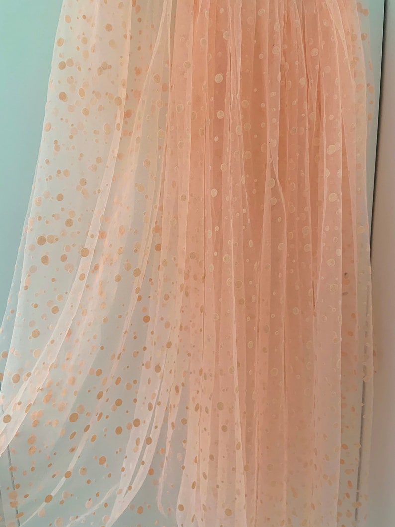 Peach pink polka dotted tulle fabric image 3