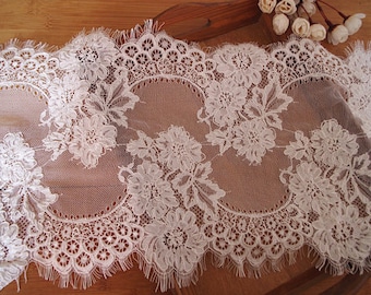 alencon lace fabric with double motif, cord lace trim for wedding burlap runner, vintage style lace fabric, cord lace trim