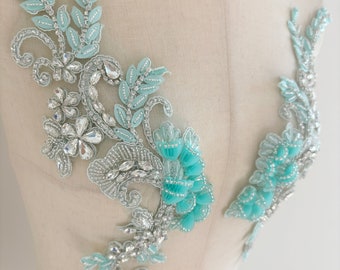 Applique 3D en strass lys bleu aqua pour couture, robe, costume, patch en strass artisanal avec fleurs 3D