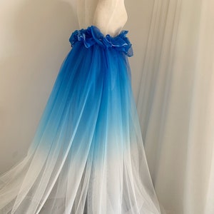 Dip dye style tulle fabric with Ombré colors, blue to white gradient color