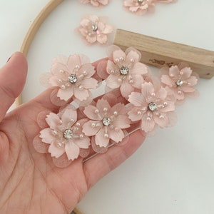 5pcs peach pink handcrafted flowers applique, handmade flowers with beads, organza flowers applique