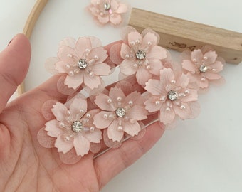 5pcs peach pink handcrafted flowers applique, handmade flowers with beads, organza flowers applique