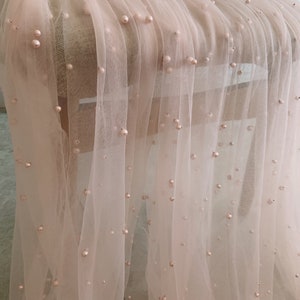 3yards light pink tulle fabric with pearls