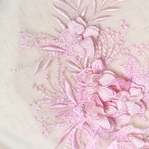 pink lace applique, heavy bead lace applique, 3D lace applique with pearls, bridal applique, 3d floral, 3d flower applique