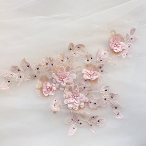 pink lace applique, heavy bead lace applique, 3D lace applique with rhinestones, bridal applique, 3d floral, 3d flower applique