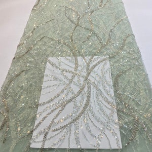 Sage green bead lace fabric by the yard for bridal dress, heavy bead tulle lace fabric for couture