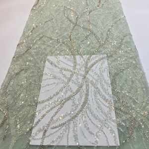 Sage green bead lace fabric by the yard for bridal dress, heavy bead tulle lace fabric for couture