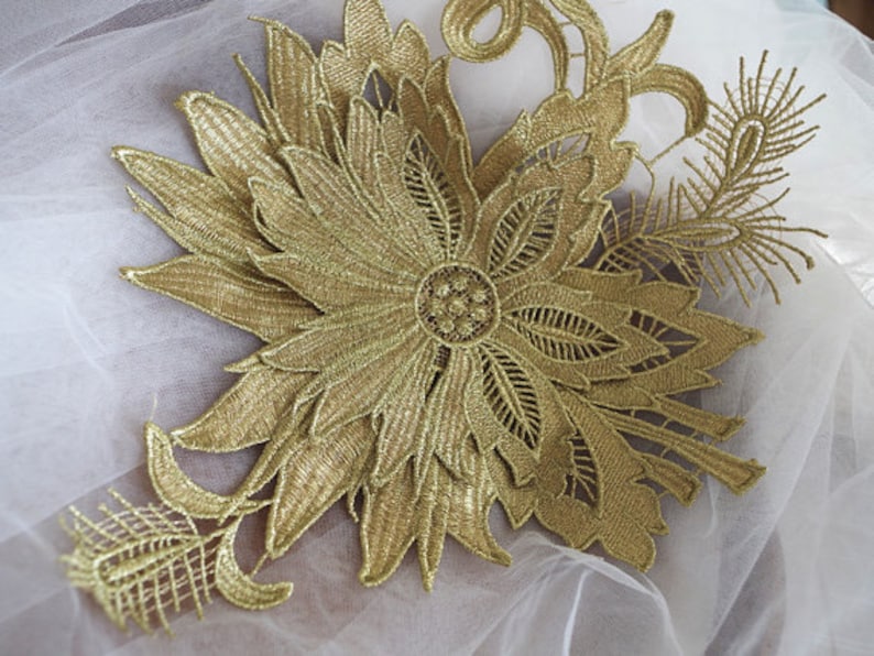 metallic gold lace applique gold hair flower gold peony flower lace applique headpiece