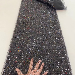 black bead and sequined lace fabric by the yard for bridal dress, heavy bead tulle lace fabric