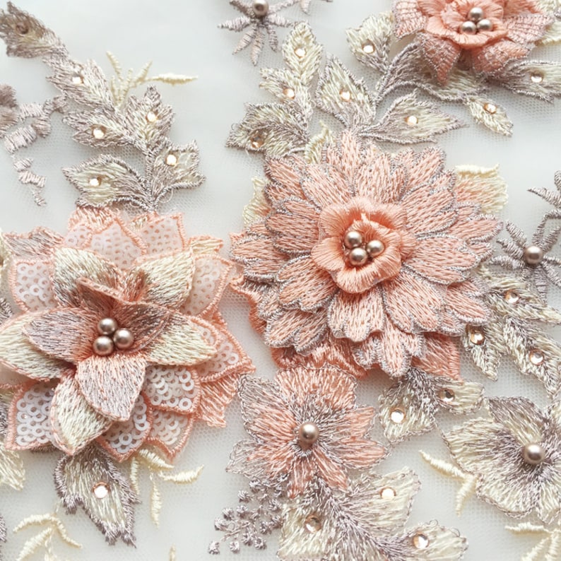 heavy embroidered lace applique peach pink heavy bead lace applique 3D lace applique with beads 3d flower applique for haute couture
