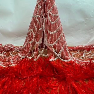 off white sequined lace fabric with Ostrich feather, bead lace fabric with sequin for mermaid dress, costume dress Red