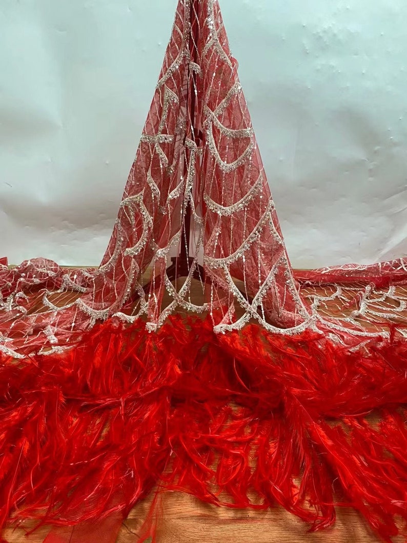 off white sequined lace fabric with Ostrich feather, bead lace fabric with sequin for mermaid dress, costume dress Red