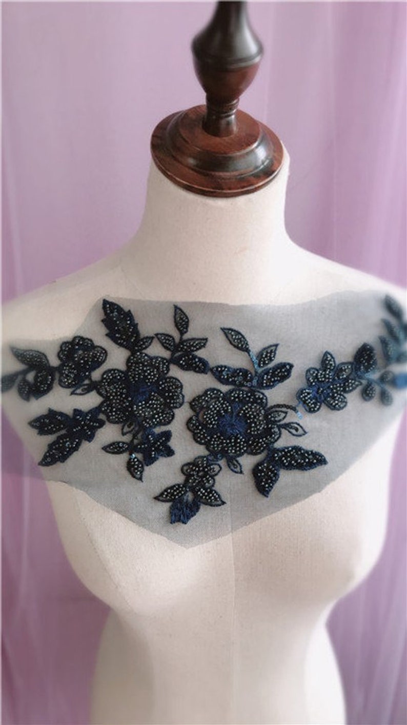 3d Navy Blue Bead Flower Motif Lace Applique Heavy Bead Lace Etsy