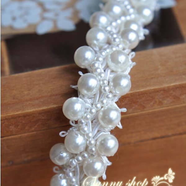 Pearl beaded lace trim, beading trim, for bridal sash, bridal belt, wedding belt