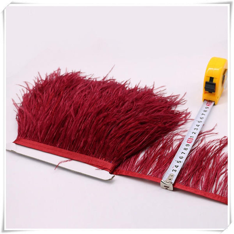 May include: A spool of burgundy ostrich feather trim with a measuring tape showing 10 inches. The trim is approximately 1 inch wide.
