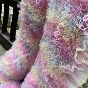 Pastel rainbow ruffle fabric for dress, tulle ruffles fabric for cake dress