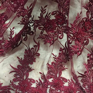 Wine Red 3d Lace Fabric With 3d Flowers 3d Heavy Embroidered - Etsy