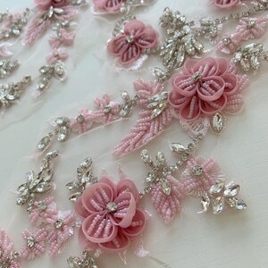 Pink rhinestone appliqué with 3d florals for couture, dance costume, bridal headpiece image 4